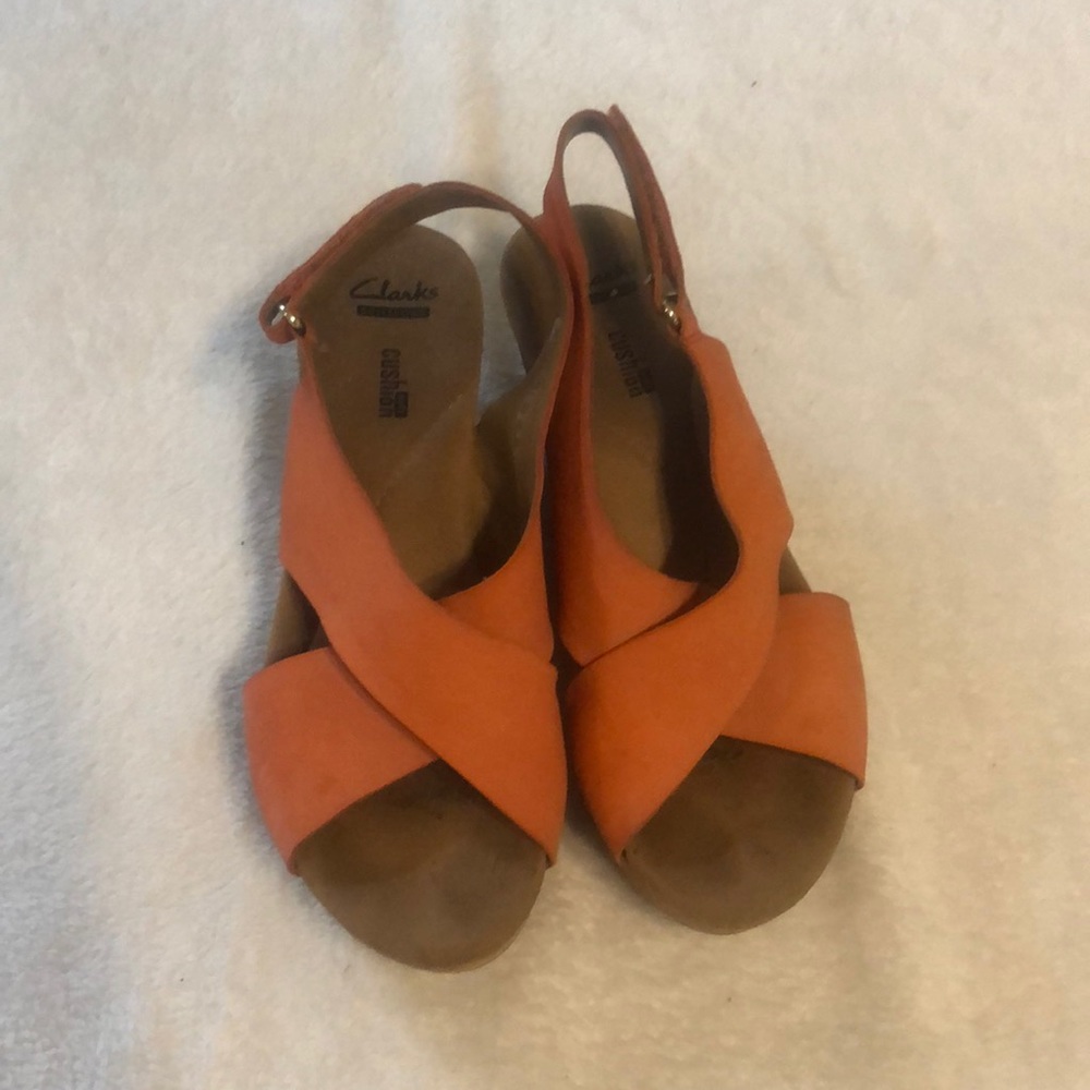 Clarks Soft Cushion Orange Nubuck Cork Wedge Sandal Size 8